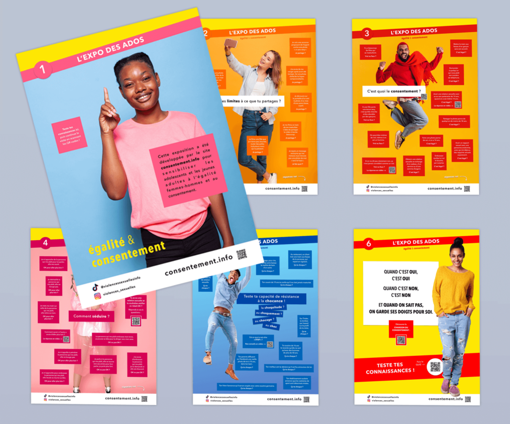 Égalité & consentement
L'exposition comprend :
- 6 affiches au format A2 (42 x 59,4 cm),
- 1 affiche au format A3 à télécharger puis personnaliser avec votre logo,
- 1 livret d'accompagnement à télécharger.
Sur le même modèle, il existe :
- une exposition de prévention destinée aux adultes
- une exposition de prévention destinée aux enfants
Pour passer une commande par mandat administratif (règlement par Chorus Pro), il suffira de sélectionner
