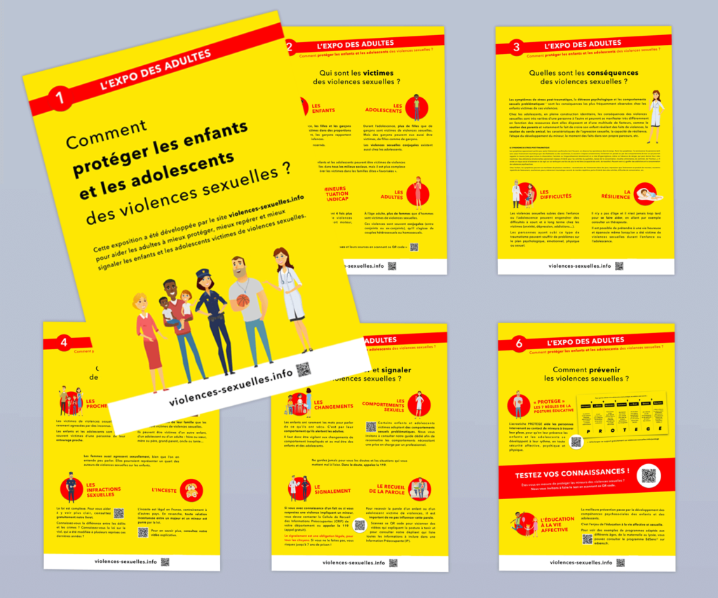 Comment protéger les enfants et les adolescents des violences sexuelles
L'exposition comprend :
- 6 affiches au format A2 (42 x 59,4 cm),
- 1 affiche au format A3 à télécharger puis personnaliser avec votre logo,
- 1 livret d'accompagnement à télécharger.
Sur le même modèle, il existe :
- une exposition de prévention destinée aux enfants
- une exposition de prévention destinée aux adolescents
Pour passer une commande par mandat administratif (règlement par Chorus Pro), il suffira de sélectionner