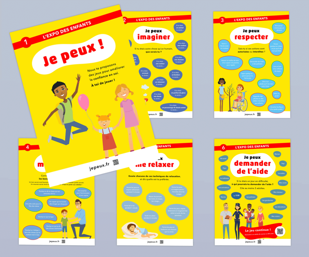 Je peux !
L'exposition comprend :
- 6 affiches au format A2 (42 x 59,4 cm),
- 1 affiche au format A3 à télécharger puis personnaliser avec votre logo,
- 1 livret d'accompagnement à télécharger.
Sur le même modèle, il existe :
- une exposition de prévention destinée aux adultes
- une exposition de prévention destinée aux adolescents
Pour passer une commande par mandat administratif (règlement par Chorus Pro), il suffira de sélectionner